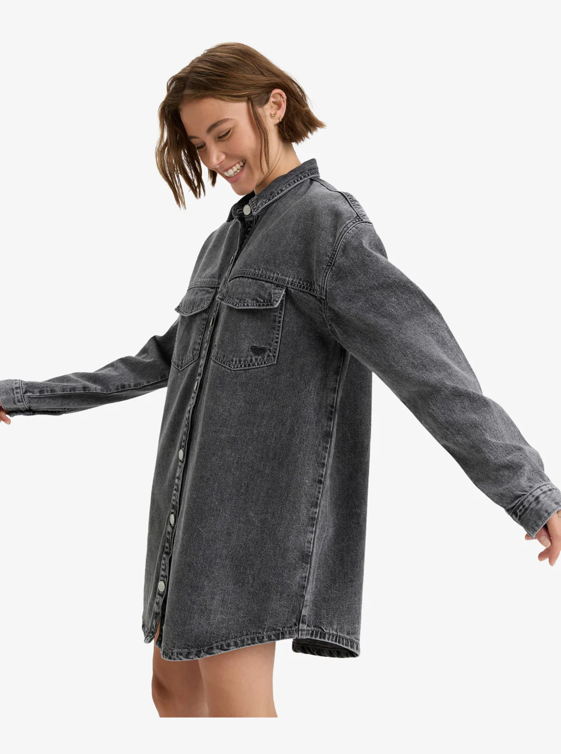 Roxy Womens' Tidal Moon Denim Long Sleeve Mini Shirtdress Mid Grey ERJDD03009-KPH0 - Image 3
