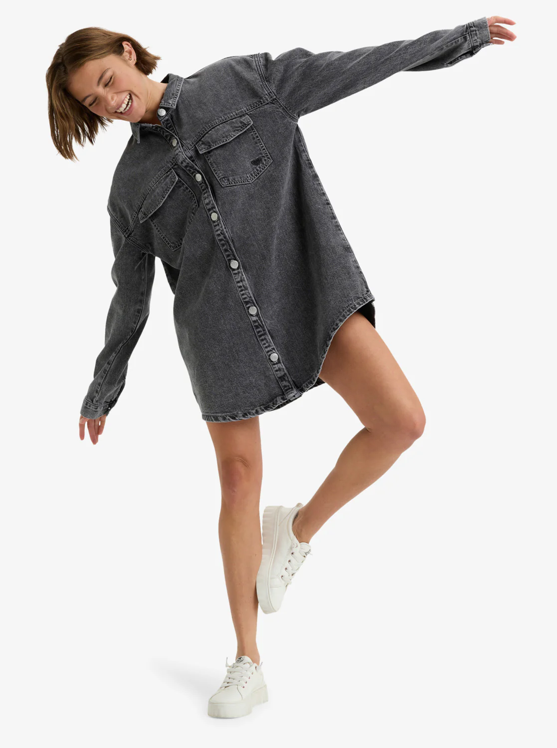 Roxy Womens' Tidal Moon Denim Long Sleeve Mini Shirtdress Mid Grey ERJDD03009-KPH0 - Image 5